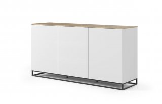 Buffet WHITY blanc mat 180cm 3 portes Plateau chêne clair et pied métallique noir
